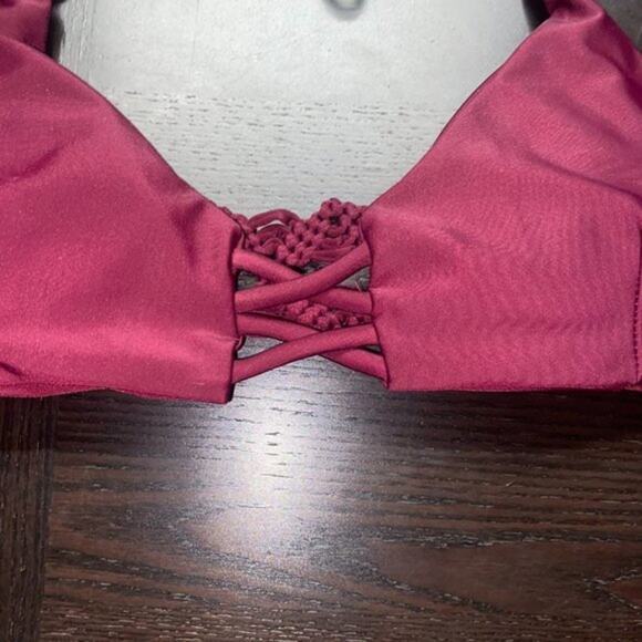 Burgundy Red Strappy Crochet Swim Bikini Bathing Suit Top Women's Size Large - Picture 2 of 7